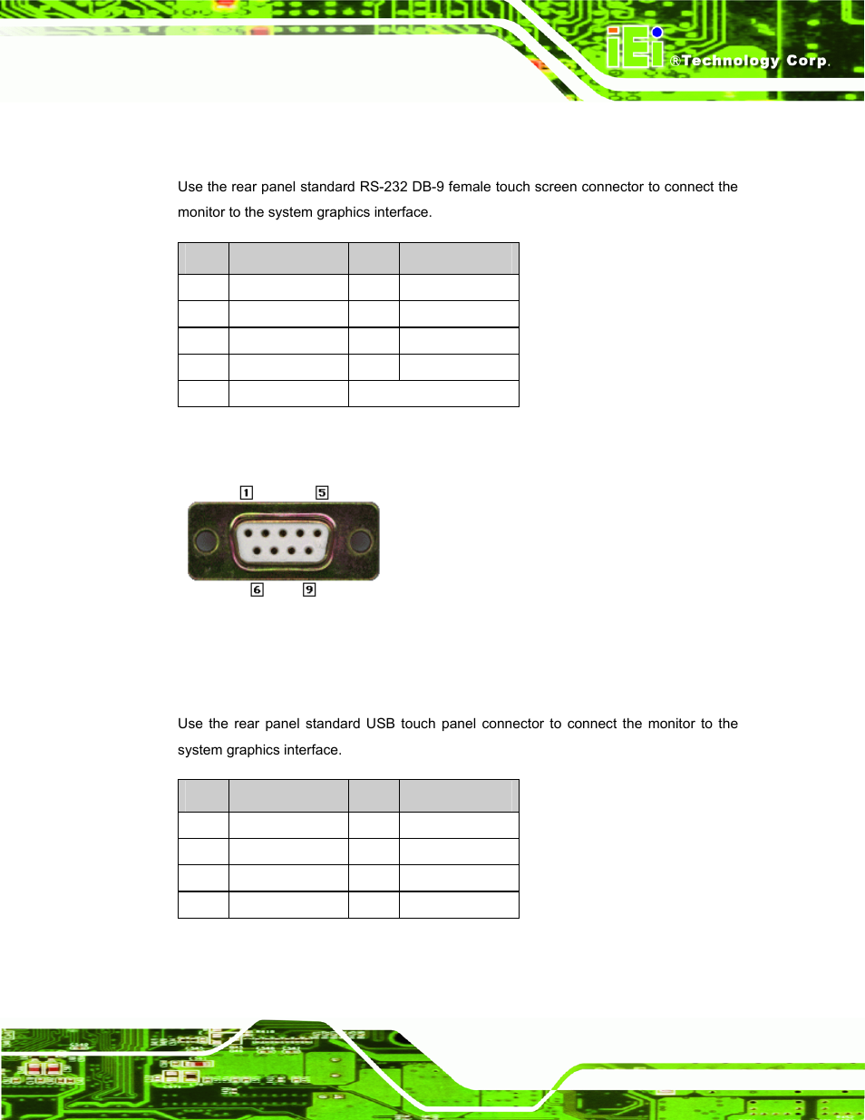 6 rs-232 touch screen connector, 7 usb touch panel connector, Figure 4-4: rs-232 touch screen connector | Table 4-2: rs-232 touch screen connector pinouts, Table 4-3: usb touch screen connector pinouts | IEI Integration TDM_Series v2.01 User Manual | Page 47 / 79