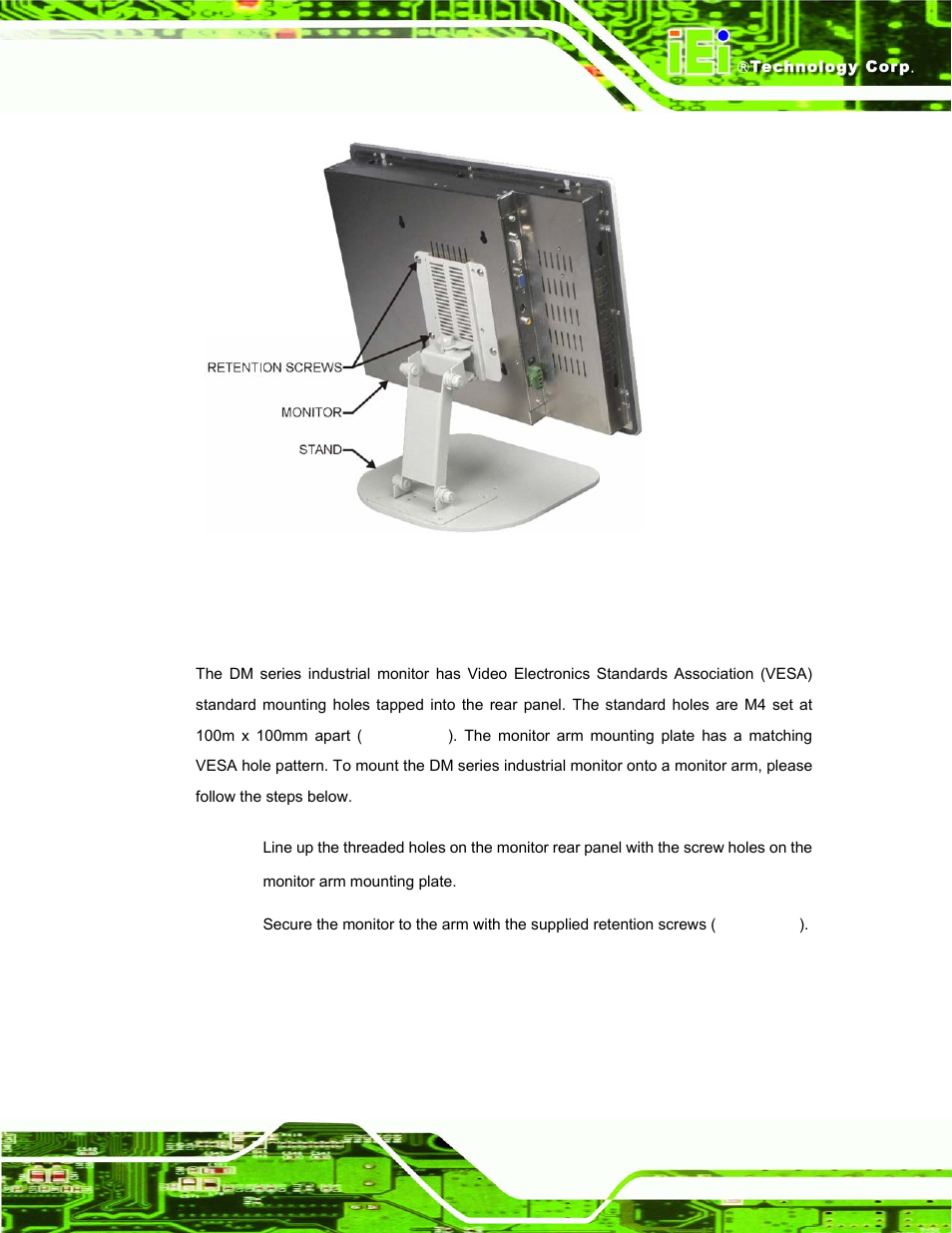 6 monitor arm installation, Figure 5-25: monitor stand mounting | IEI Integration DM_Series v1.14 User Manual | Page 149 / 198