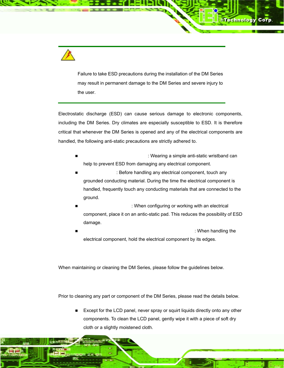 A.1.2 anti-static precautions, A.2 maintenance and cleaning precautions, A.2.1 maintenance and cleaning | Aintenance and, Leaning, Recautions | IEI Integration DM_Series v1.14 User Manual | Page 177 / 198