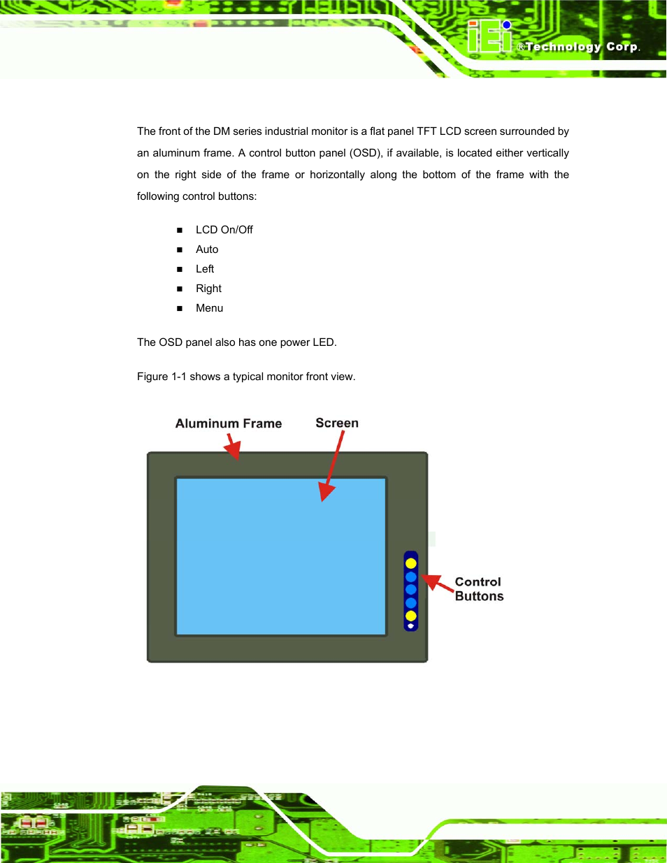 1 front view, Figure 1-1: typical monitor front view | IEI Integration DM_Series v1.14 User Manual | Page 25 / 198
