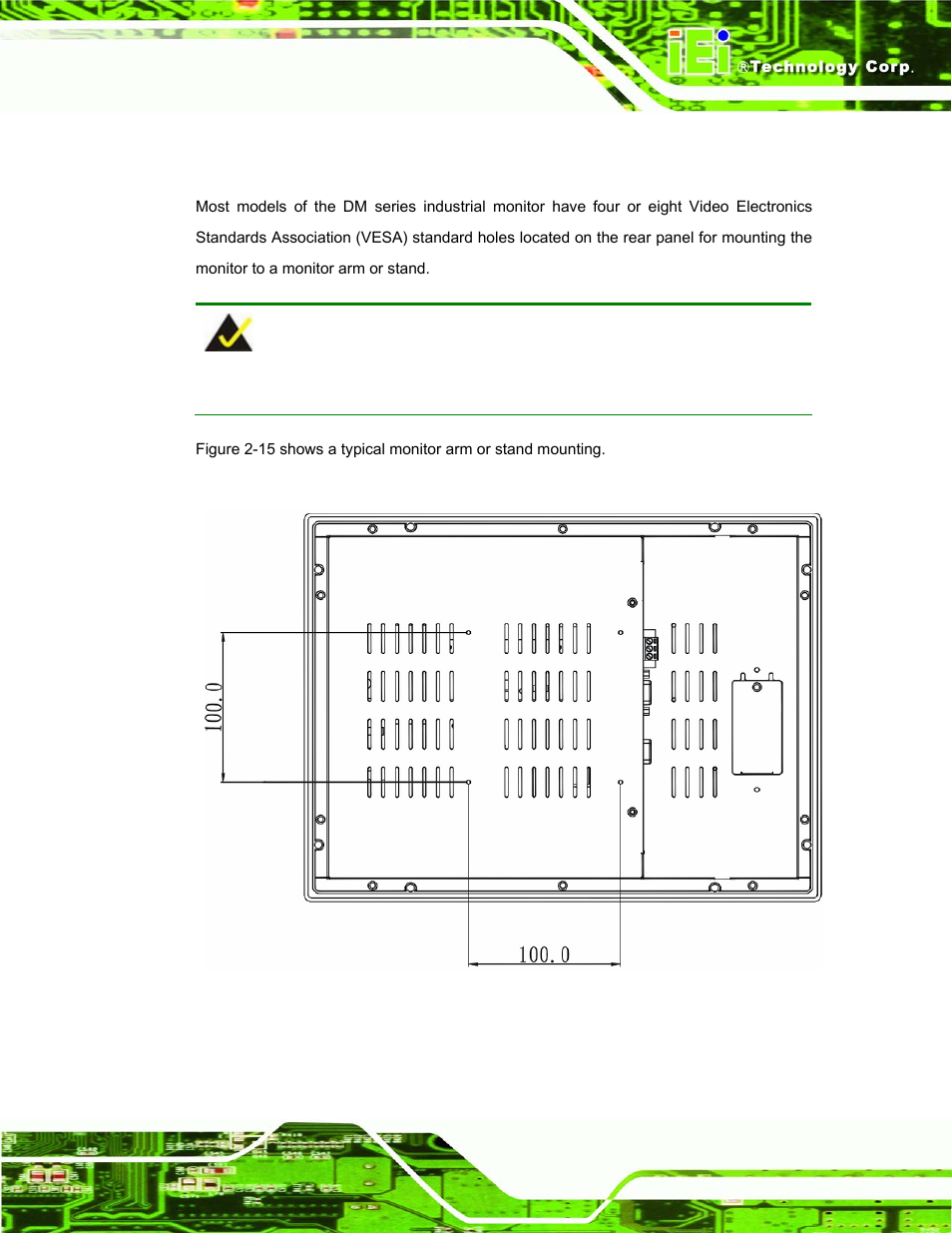 5 monitor arm or stand mounting, Figure 2-15: typical monitor arm or stand mounting | IEI Integration DM_Series v1.14 User Manual | Page 55 / 198