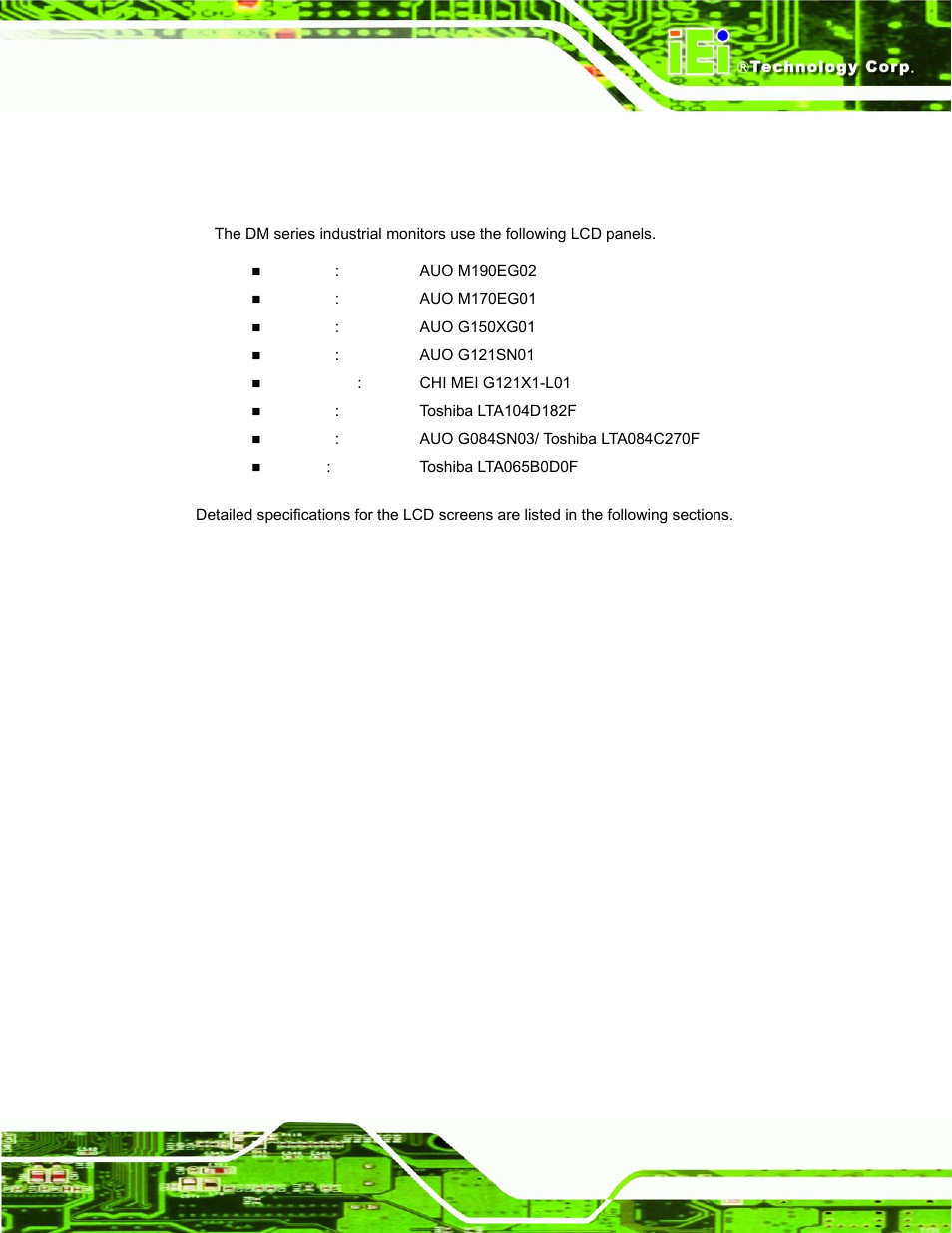 1 lcd specifications, 1 lcd overview, Pecifications | Dm series industrial monitor page 57 | IEI Integration DM_Series v1.14 User Manual | Page 57 / 198