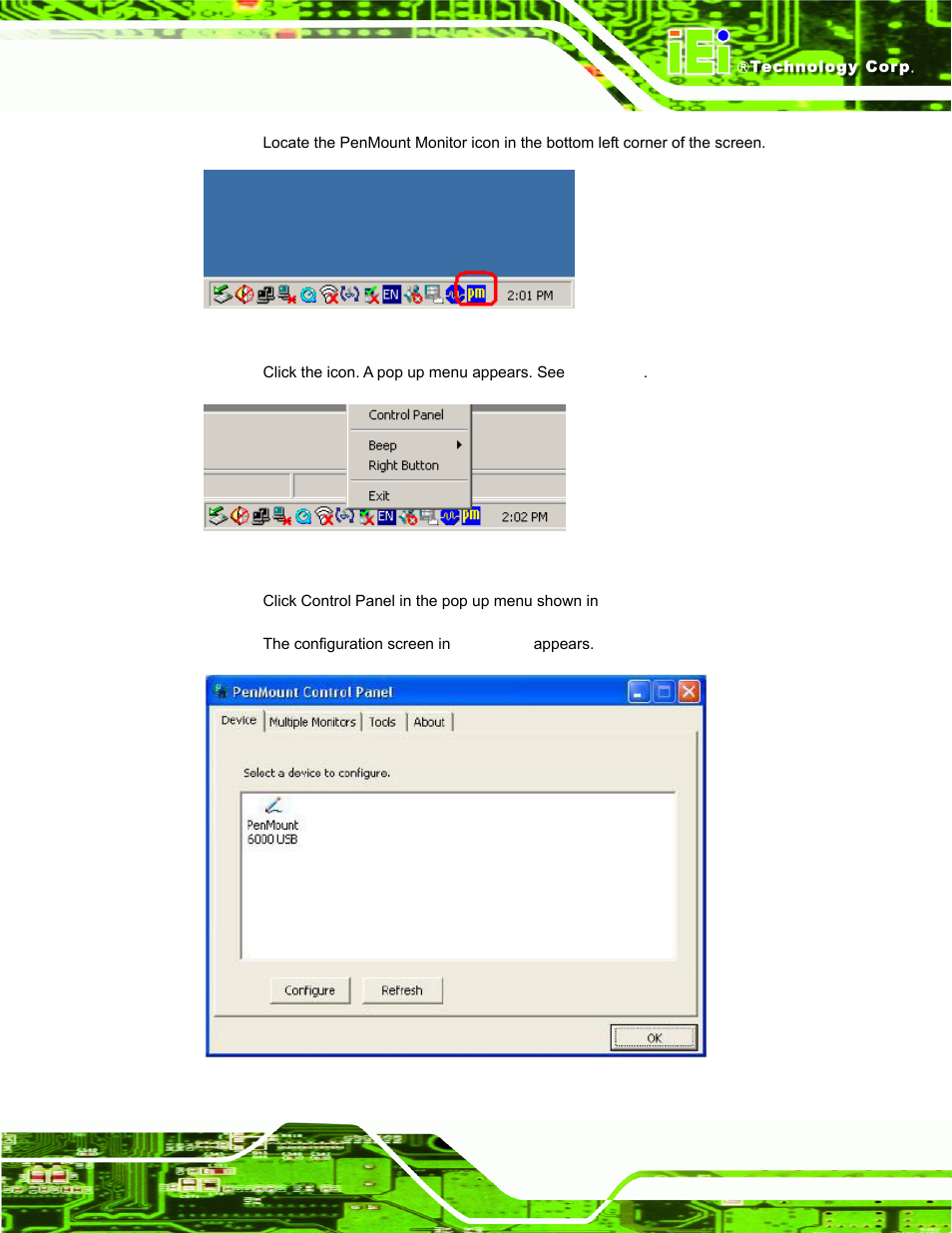 Figure 7-7: penmount monitor icon, Figure 7-8: penmount monitor popup menu, Figure 7-9: configuration screen | IEI Integration DM_Series v2.04 User Manual | Page 101 / 128