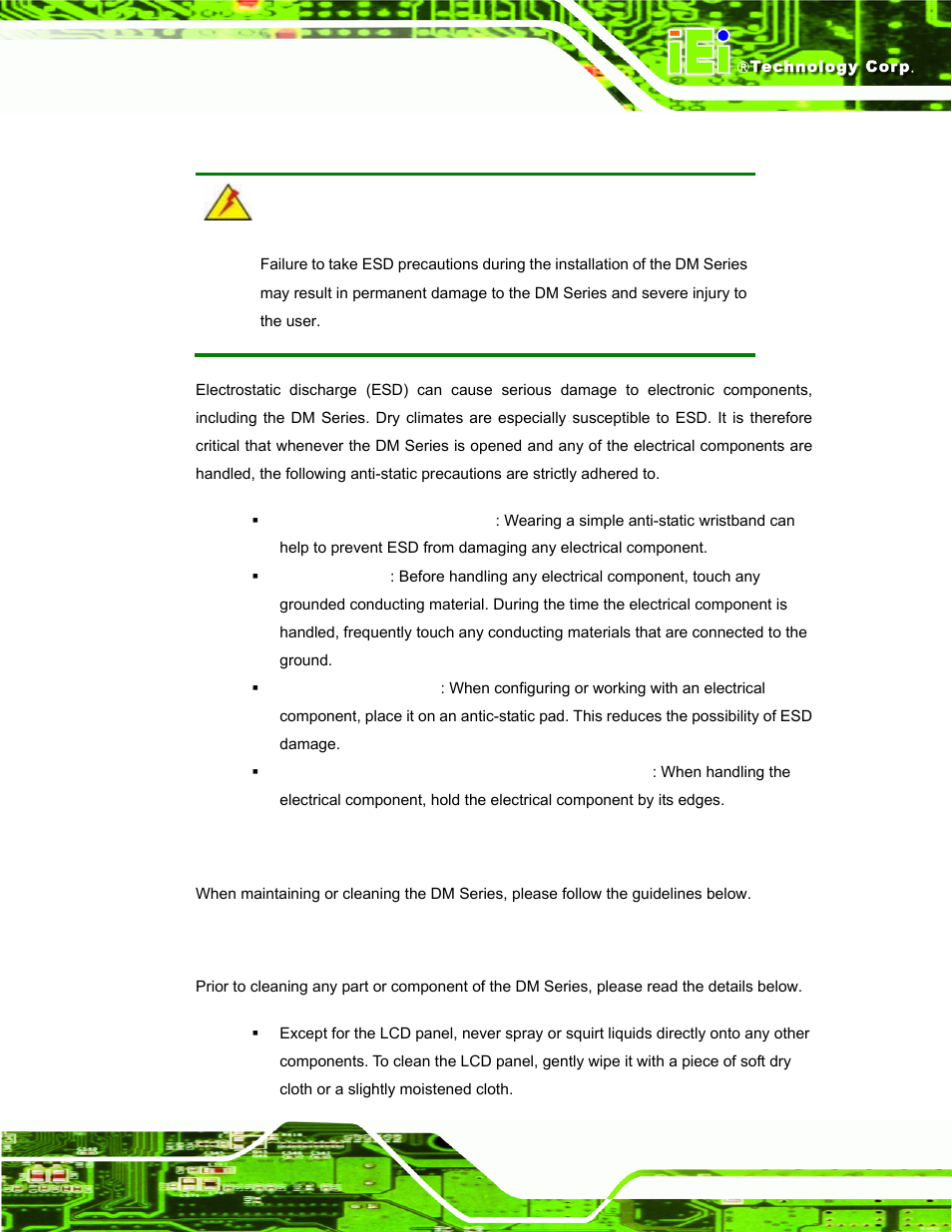 A.1.2 anti-static precautions, A.2 maintenance and cleaning precautions, A.2.1 maintenance and cleaning | Aintenance and, Leaning, Recautions | IEI Integration DM_Series v2.04 User Manual | Page 107 / 128