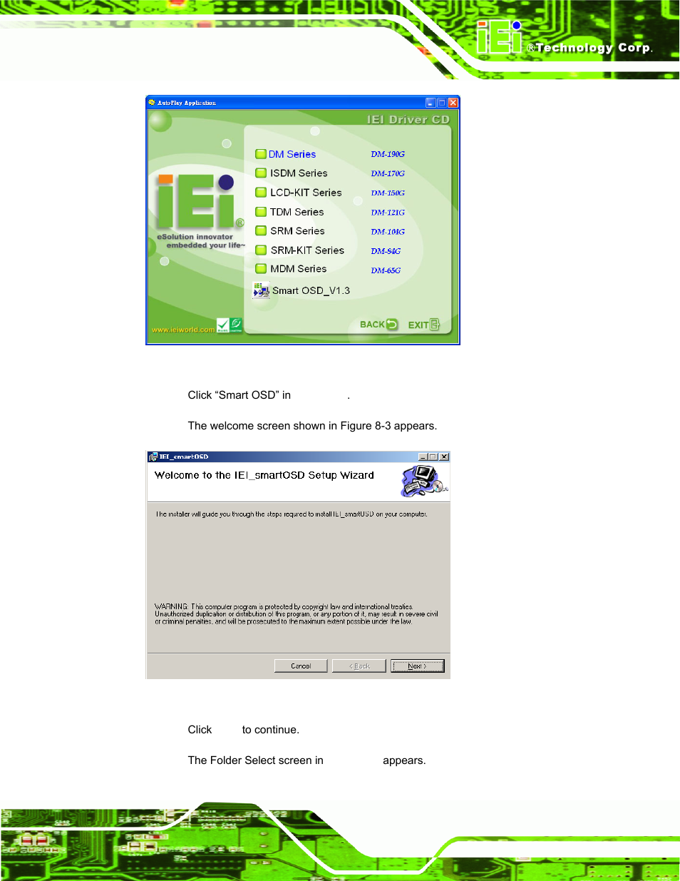 Figure 8-2: smartosd installer, Figure 8-3: smartosd welcome screen | IEI Integration DM_Series v2.04 User Manual | Page 113 / 128