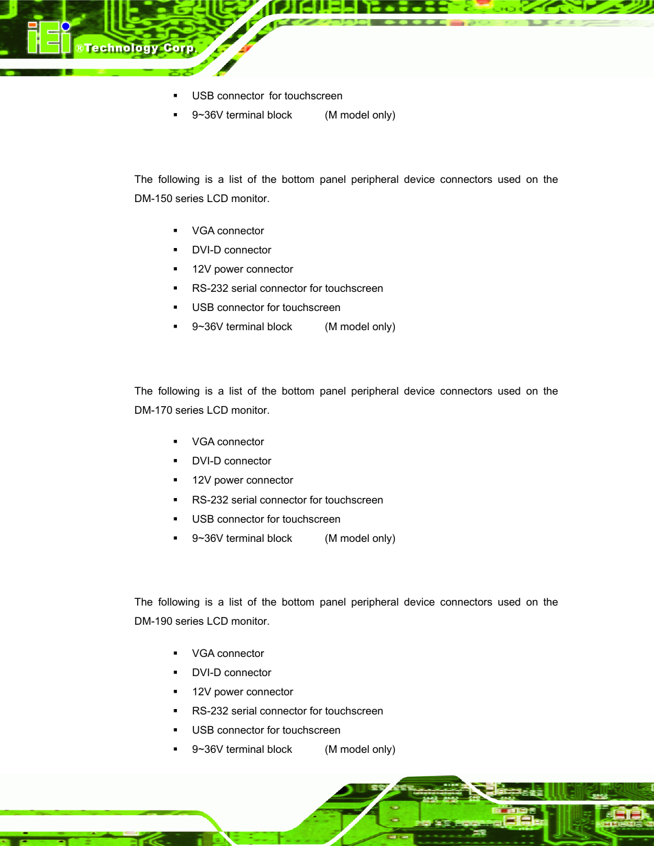 6 dm-150 connectors, 7 dm-170 connectors, 8 dm-190 connectors | IEI Integration DM_Series v2.04 User Manual | Page 30 / 128