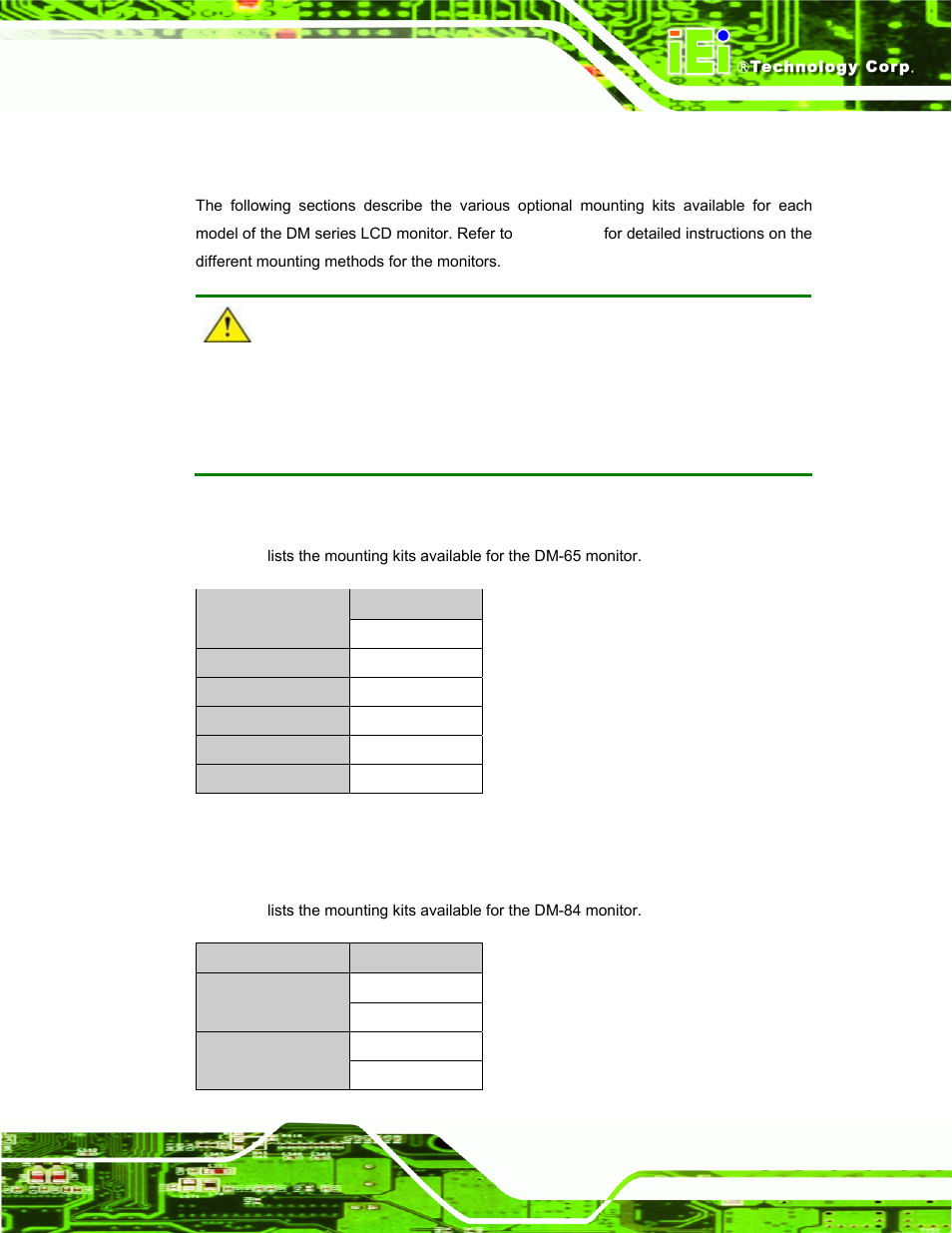 1 dm-65 mounting kits, 2 dm-84 mounting kits, Ptional | Ounting, Table 2-3: dm-65 mounting kits, 5 optional mounting kits, Dm series monitor page 25 | IEI Integration DM_Series v2.04 User Manual | Page 39 / 128