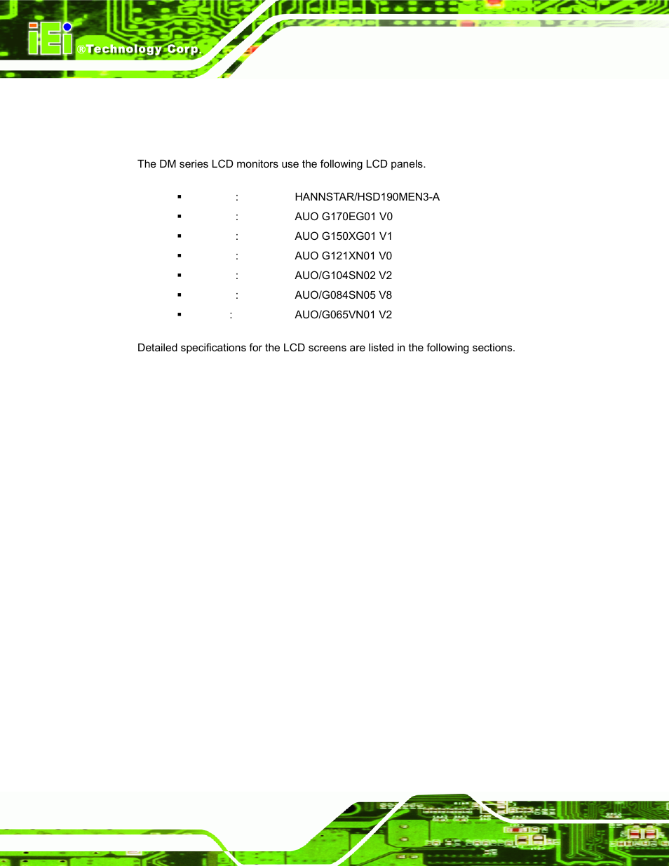 1 lcd overview, Pecifications, 1 lcd specifications | IEI Integration DM_Series v2.04 User Manual | Page 44 / 128