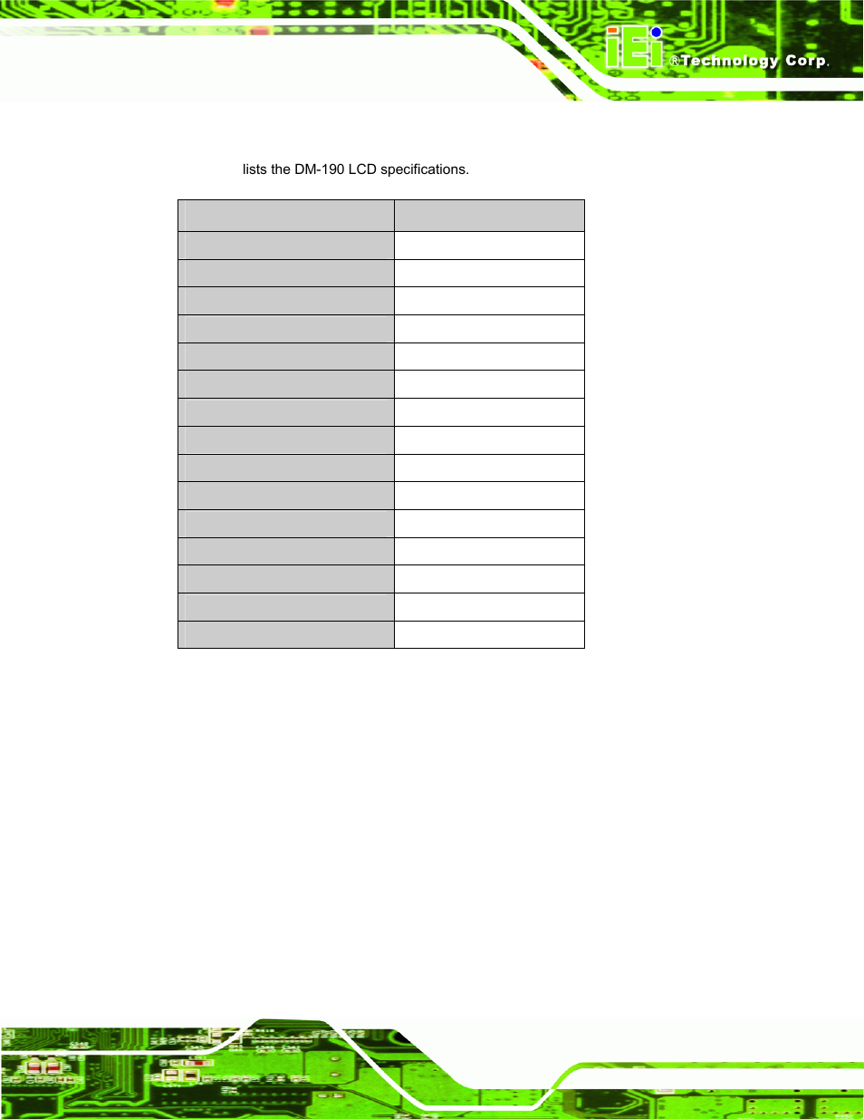 2 dm-190 lcd specifications, Table 3-1: dm-190 lcd specifications | IEI Integration DM_Series v2.04 User Manual | Page 45 / 128