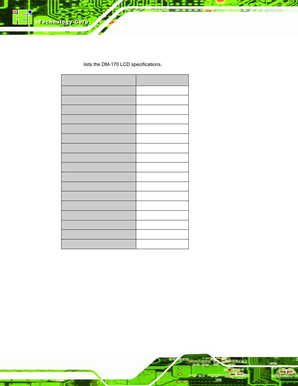 3 dm-170 lcd specifications, Table 3-2: dm-170 lcd specifications | IEI Integration DM_Series v2.04 User Manual | Page 46 / 128