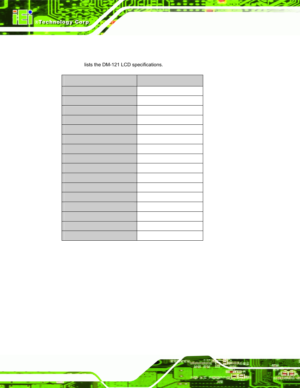 5 dm-121 lcd specifications, Table 3-4: dm-121 lcd specifications | IEI Integration DM_Series v2.04 User Manual | Page 48 / 128