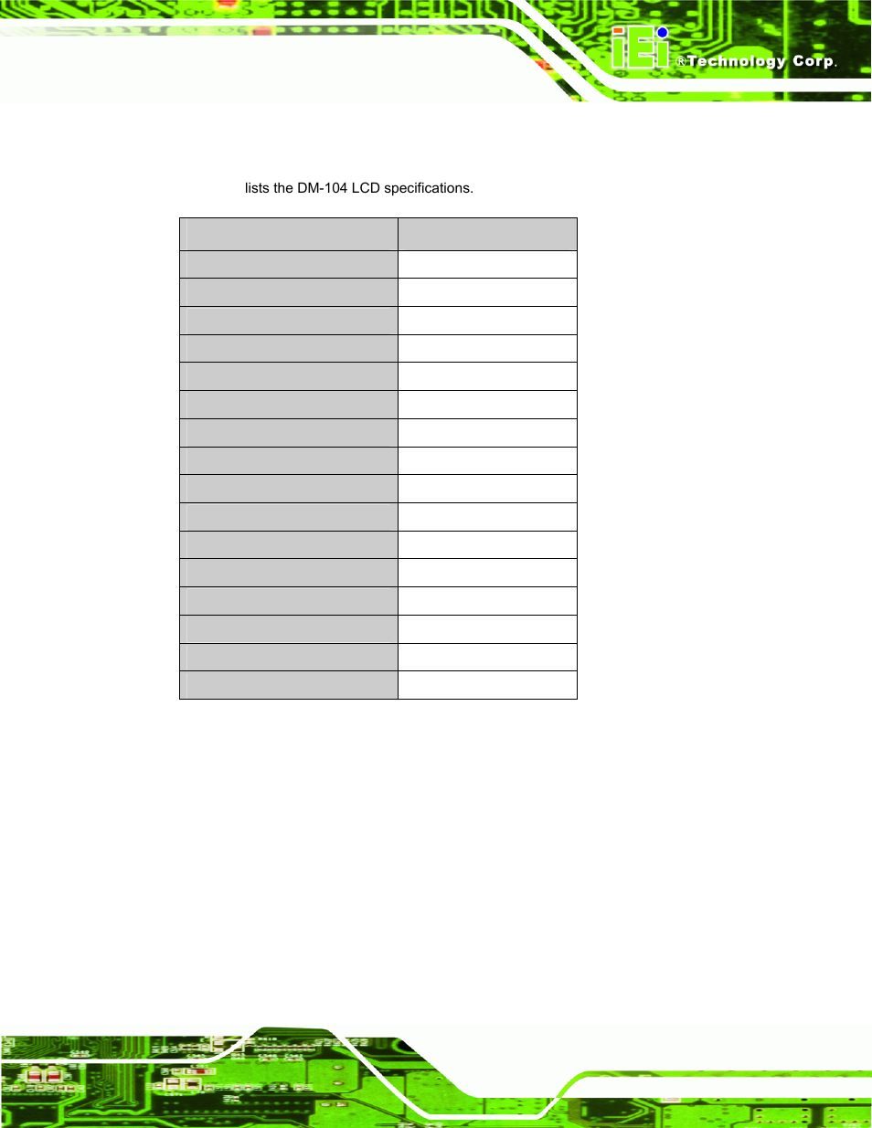 6 dm-104 lcd specifications, Table 3-5: dm-104 lcd specifications | IEI Integration DM_Series v2.04 User Manual | Page 49 / 128