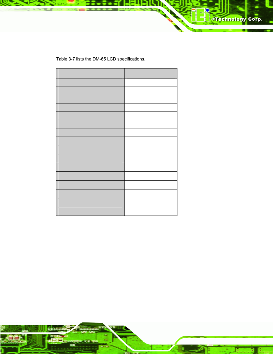 8 dm-65 lcd specifications, Table 3-7: dm-65 lcd specifications | IEI Integration DM_Series v2.04 User Manual | Page 51 / 128
