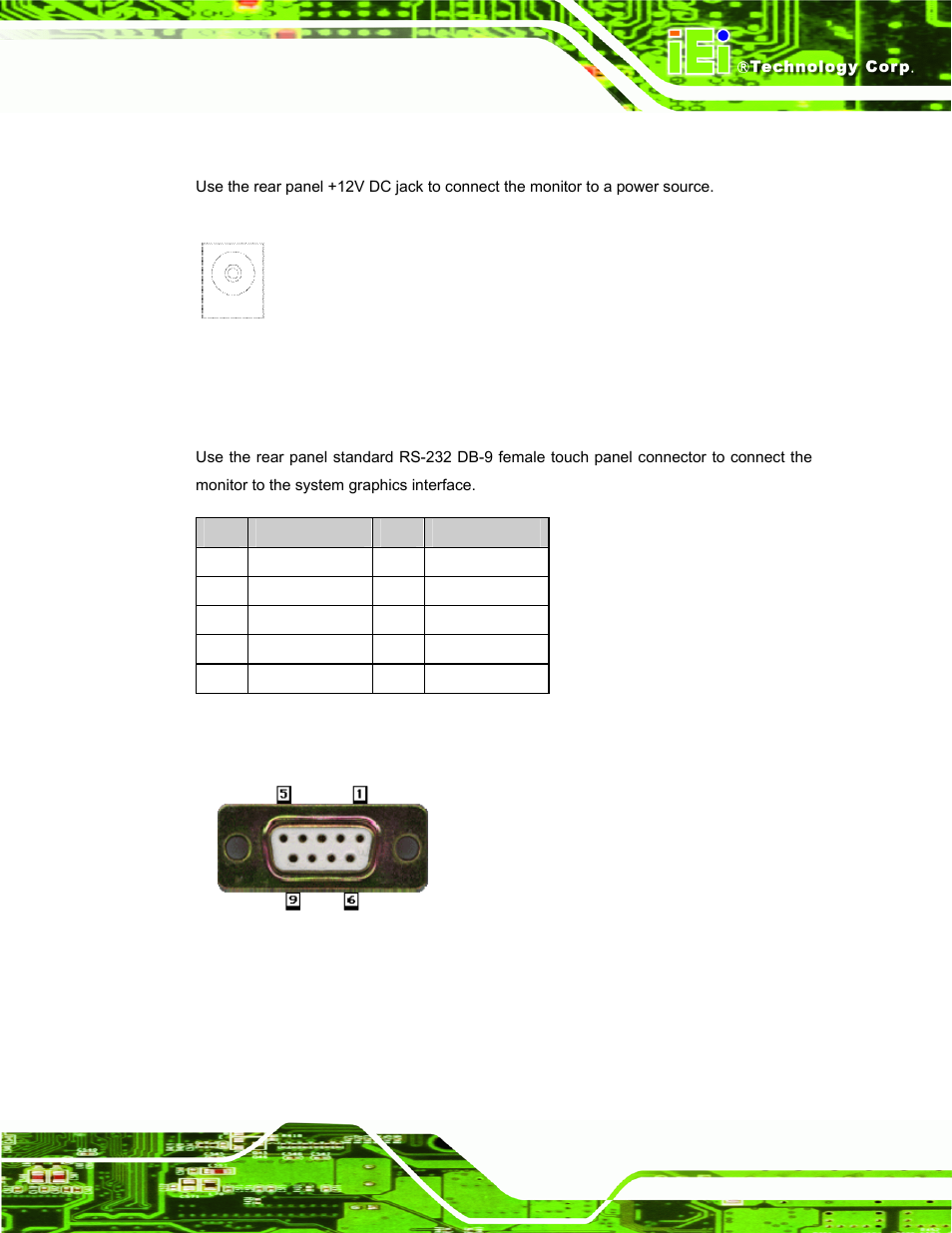 4 12v power connector, 5 rs-232 touch panel connector, Figure 5-4: 12v power connector | Figure 5-5: rs-232 touch panel connector, Table 5-4: rs-232 touch panel connector pinouts | IEI Integration DM_Series v2.04 User Manual | Page 67 / 128