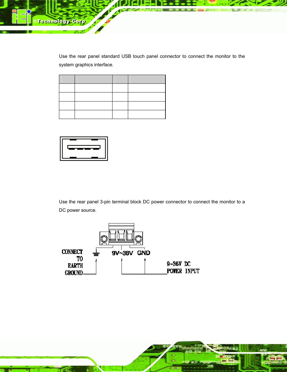 6 usb touch panel connector, 7 optional dc power connector, Figure 5-6: usb touch panel connector | Figure 5-7: dc power connector, Table 5-5: usb touch panel connector pinouts | IEI Integration DM_Series v2.04 User Manual | Page 68 / 128