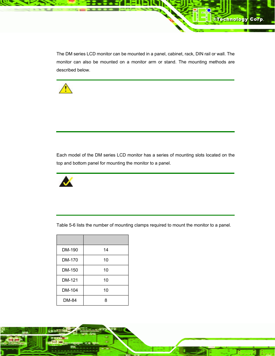 1 panel mounting, On 5.5.1, Ounting the | Onitor, Table 5-6: panel mounting clamps, 5 mounting the monitor | IEI Integration DM_Series v2.04 User Manual | Page 69 / 128