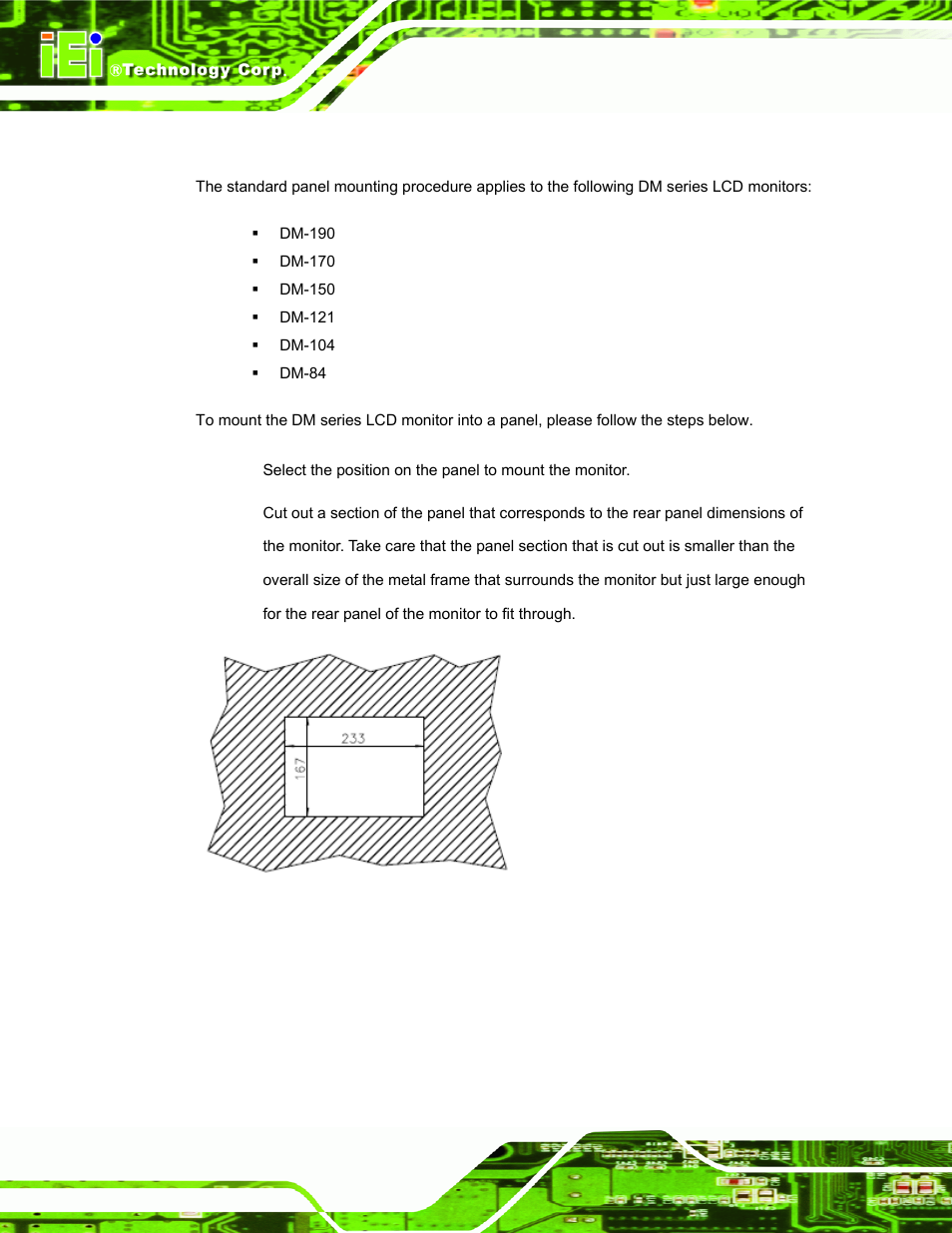 1 standard panel mounting, Figure 5-8: dm-84 panel opening (unit: mm) | IEI Integration DM_Series v2.04 User Manual | Page 70 / 128