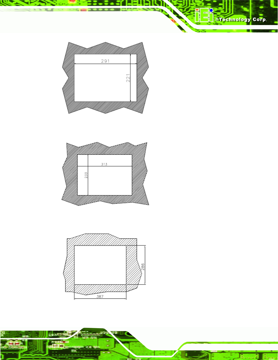 Figure 5-9: dm-104 panel opening (unit: mm), Figure 5-10: dm-121 panel opening (unit: mm), Figure 5-11: dm-150 panel opening (unit: mm) | IEI Integration DM_Series v2.04 User Manual | Page 71 / 128