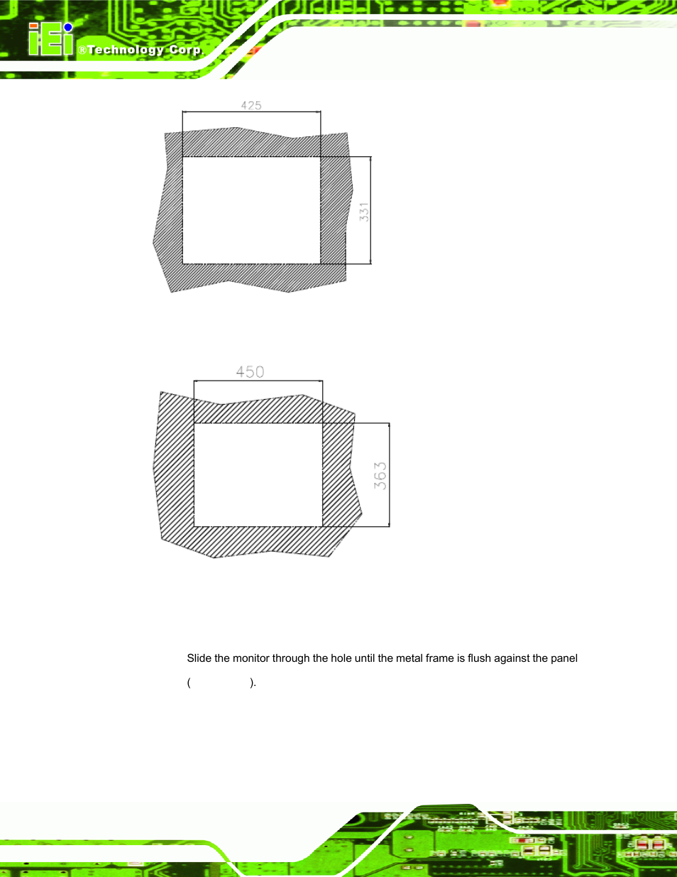 Figure 5-12: dm-170 panel opening (unit: mm), Figure 5-13: dm-190 panel opening (unit: mm) | IEI Integration DM_Series v2.04 User Manual | Page 72 / 128