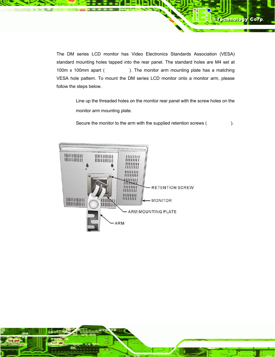 6 monitor arm installation, Figure 5-32: monitor arm mounting | IEI Integration DM_Series v2.04 User Manual | Page 87 / 128