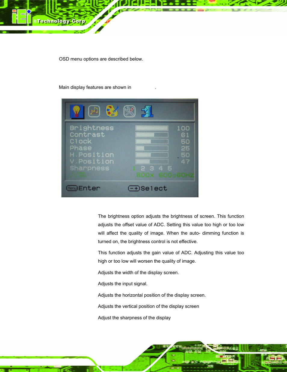 1 main display features, Sing the, Figure 6-3: main display features | D in, Table 1-1, Model numb, 2 using the osd | IEI Integration DM_Series v2.04 User Manual | Page 92 / 128