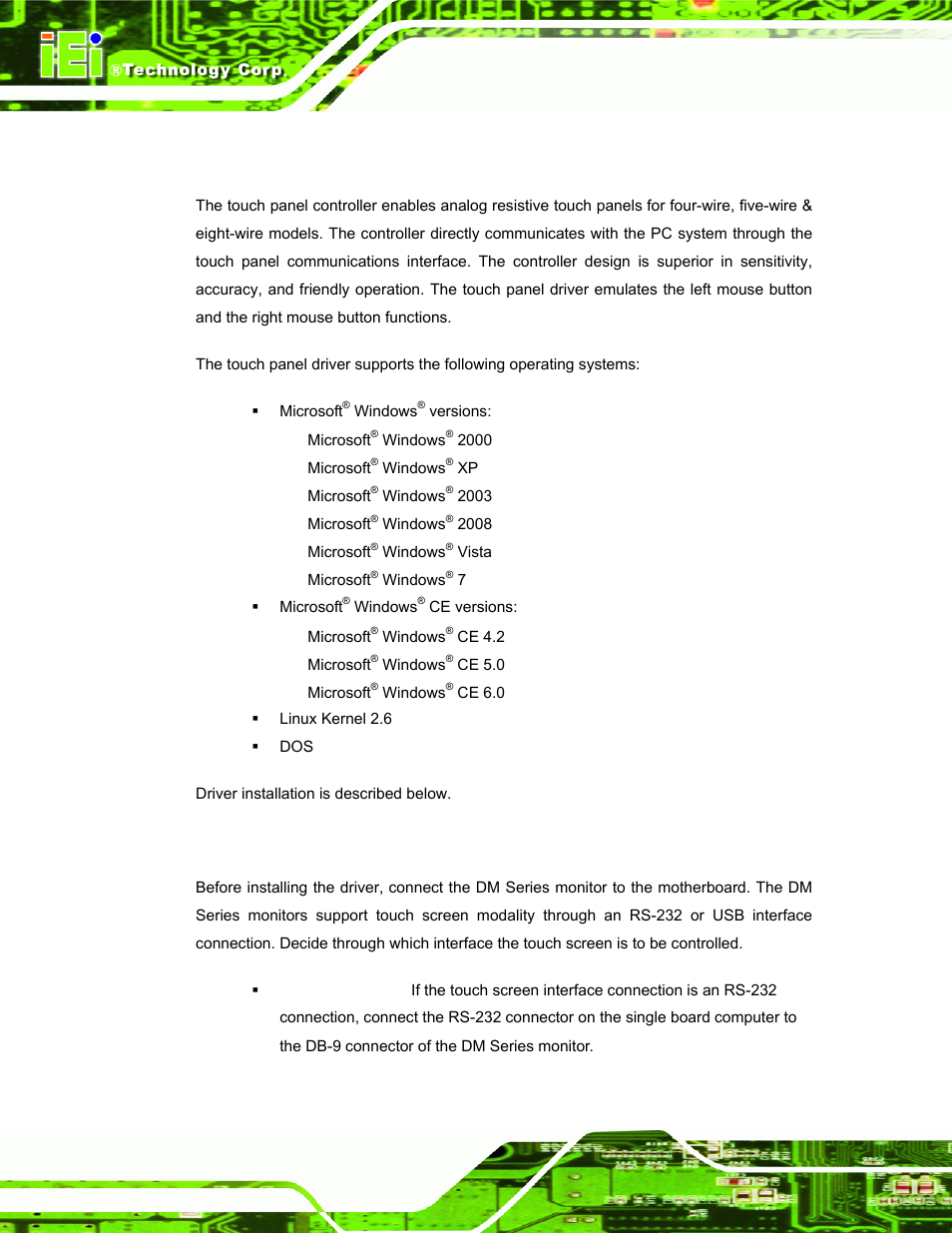 Ntroduction, Rs-232, Ouch | Creen, 1 introduction, 2 rs-232 or usb touch screen | IEI Integration DM_Series v2.04 User Manual | Page 96 / 128