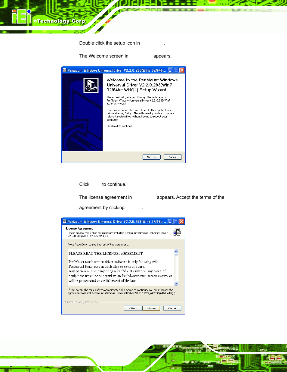 Figure 7-2: welcome screen, Figure 7-3: license agreement | IEI Integration DM_Series v2.04 User Manual | Page 98 / 128