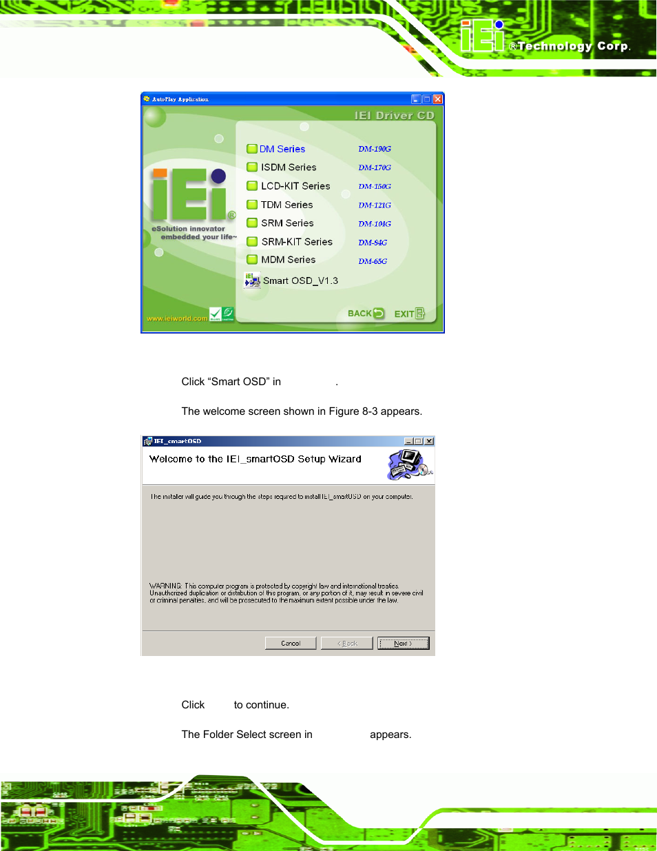 Figure 8-2: smartosd installer, Figure 8-3: smartosd welcome screen | IEI Integration DM_Series v2.05 User Manual | Page 113 / 128