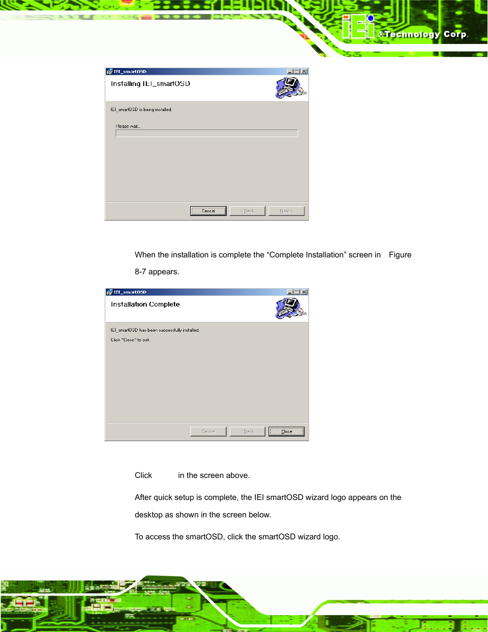 Figure 8-6: smartosd installation progress, Figure 8-7: smartosd installation complete | IEI Integration DM_Series v2.05 User Manual | Page 115 / 128