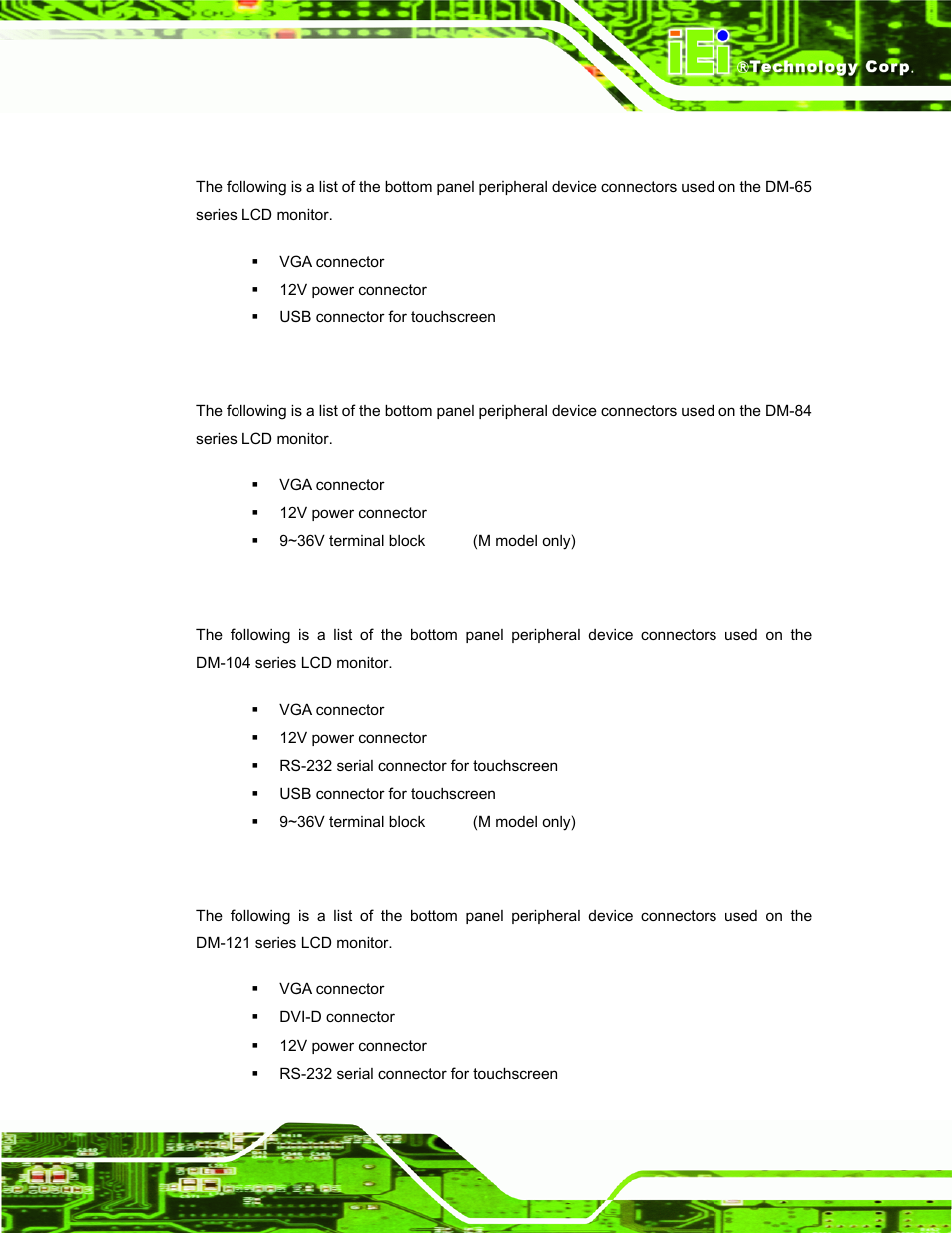 2 dm-65 connectors, 3 dm-84 connectors, 4 dm-104 connectors | 5 dm-121 connectors | IEI Integration DM_Series v2.05 User Manual | Page 29 / 128