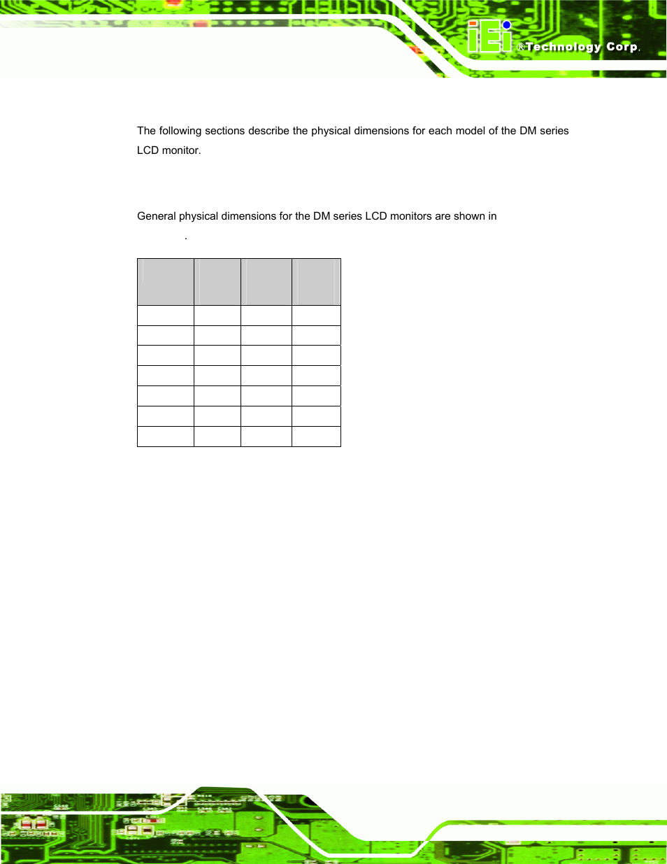 4 physical dimensions, 1 general physical dimensions, Hysical | Imensions, Table 2-2: general physical dimensions | IEI Integration DM_Series v2.05 User Manual | Page 31 / 128