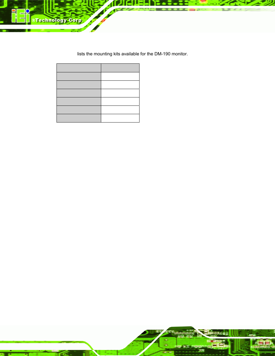 7 dm-190 mounting kits, Table 2-9: dm-190 mounting kits | IEI Integration DM_Series v2.05 User Manual | Page 42 / 128