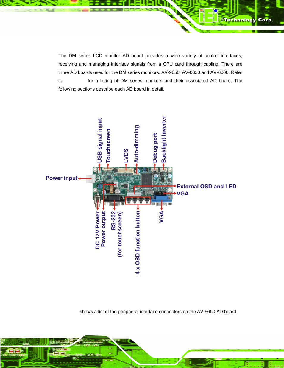 1 ad board overview, 2 av-9650 ad board overview, 1 av-9650 peripheral interface connectors | Oard, Verview, Av-9650, Figure 4-1: av-9650 ad board overview | IEI Integration DM_Series v2.05 User Manual | Page 53 / 128