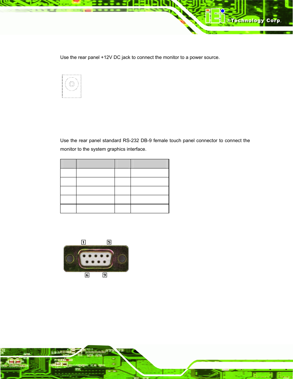 4 12v power connector, 5 rs-232 touch panel connector, N 5.4.5: rs-232 touch panel connector | Figure 5-4: 12v power connector, Figure 5-5: rs-232 touch panel connector, Table 5-4: rs-232 touch panel connector pinouts | IEI Integration DM_Series v2.05 User Manual | Page 67 / 128
