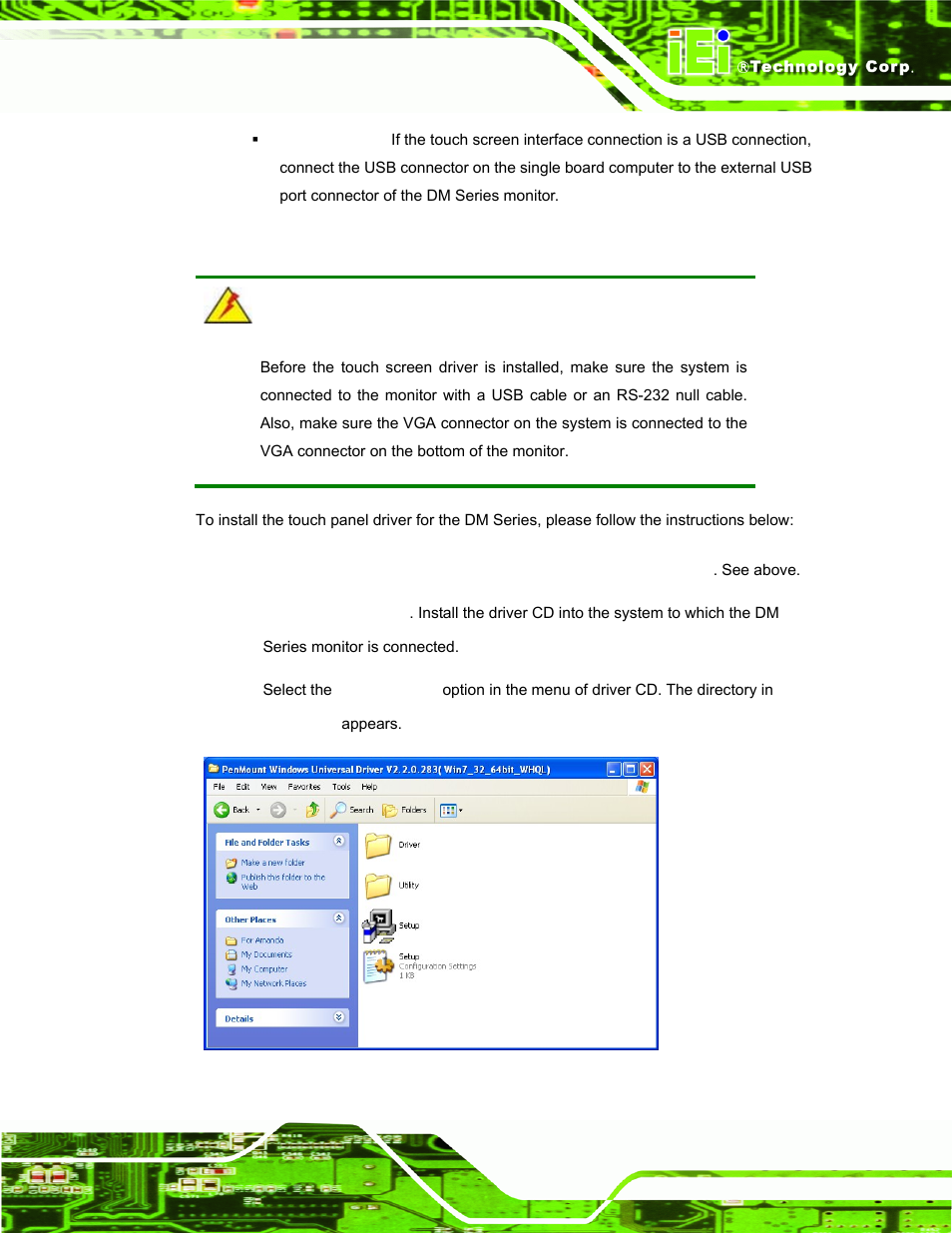 3 touch panel driver installation, Ouch, Anel | River, Nstallation, Figure 7-1: setup icon | IEI Integration DM_Series v2.05 User Manual | Page 97 / 128