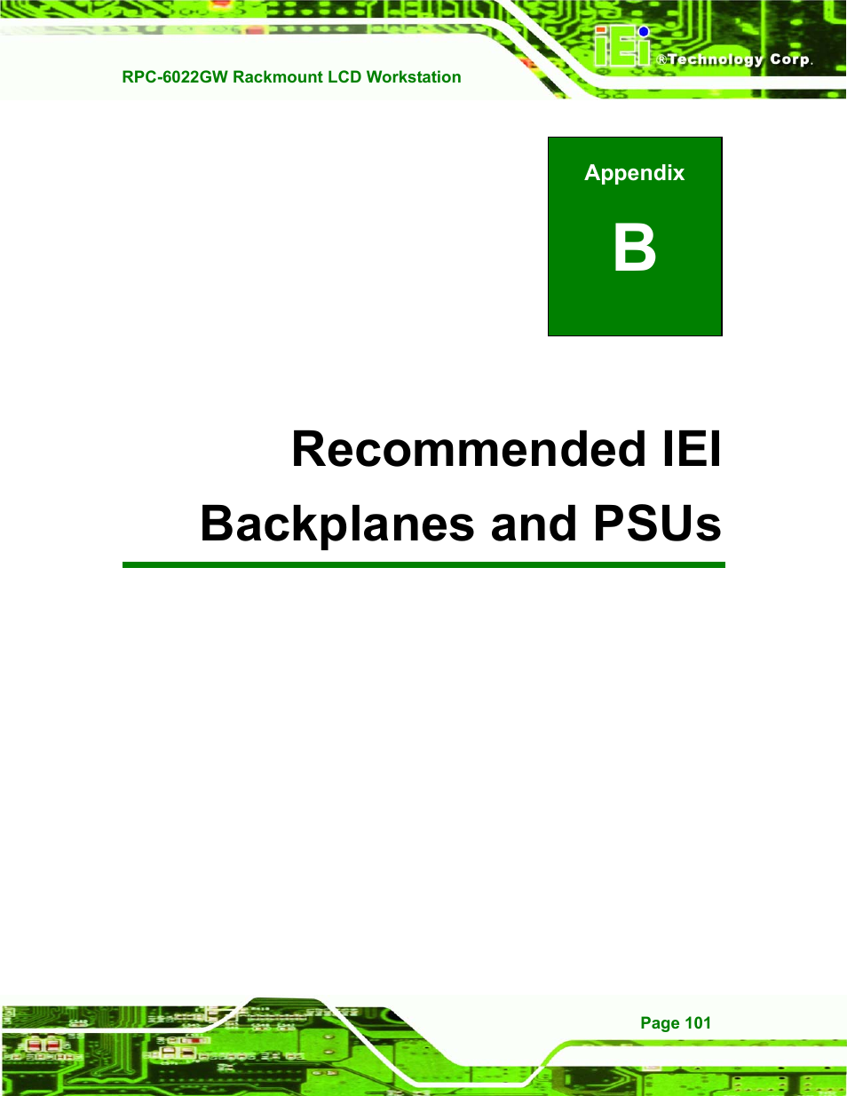 Recommended iei backplanes and psus, B recommended iei backplanes and psus, Brecommended iei backplanes and psus | IEI Integration RPC-6022G User Manual | Page 101 / 107