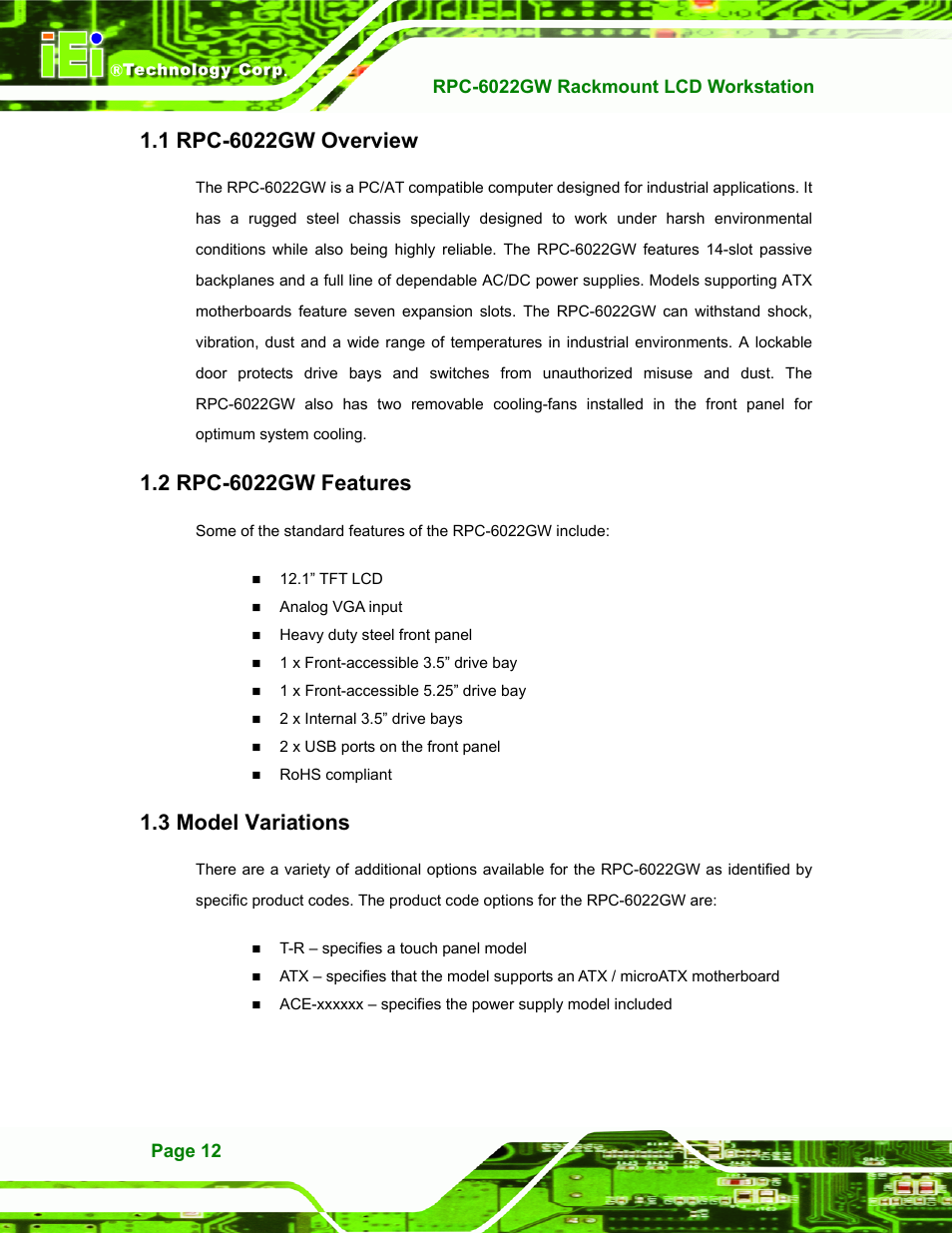 Rpc-6022gw overview, Rpc-6022gw features, Model variations | 1 rpc-6022gw o, Verview, 2 rpc-6022gw f, Eatures, Odel, Ariations, 3 model variations | IEI Integration RPC-6022G User Manual | Page 12 / 107