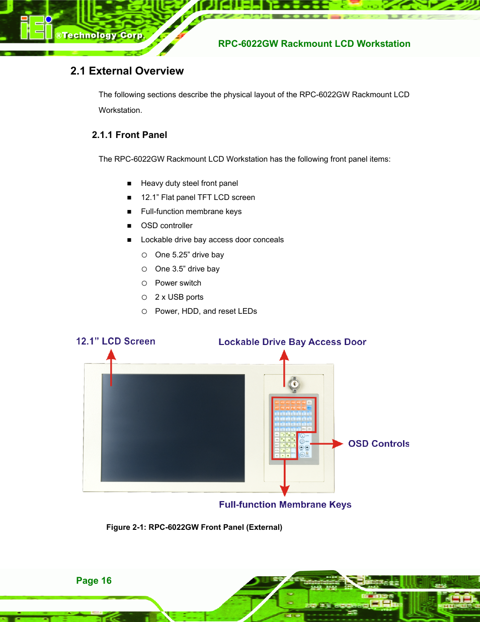 External overview, Front panel, Xternal | Verview, 1 front panel, Figure 2-1: rpc-6022gw front panel (external), 1 external overview | IEI Integration RPC-6022G User Manual | Page 16 / 107