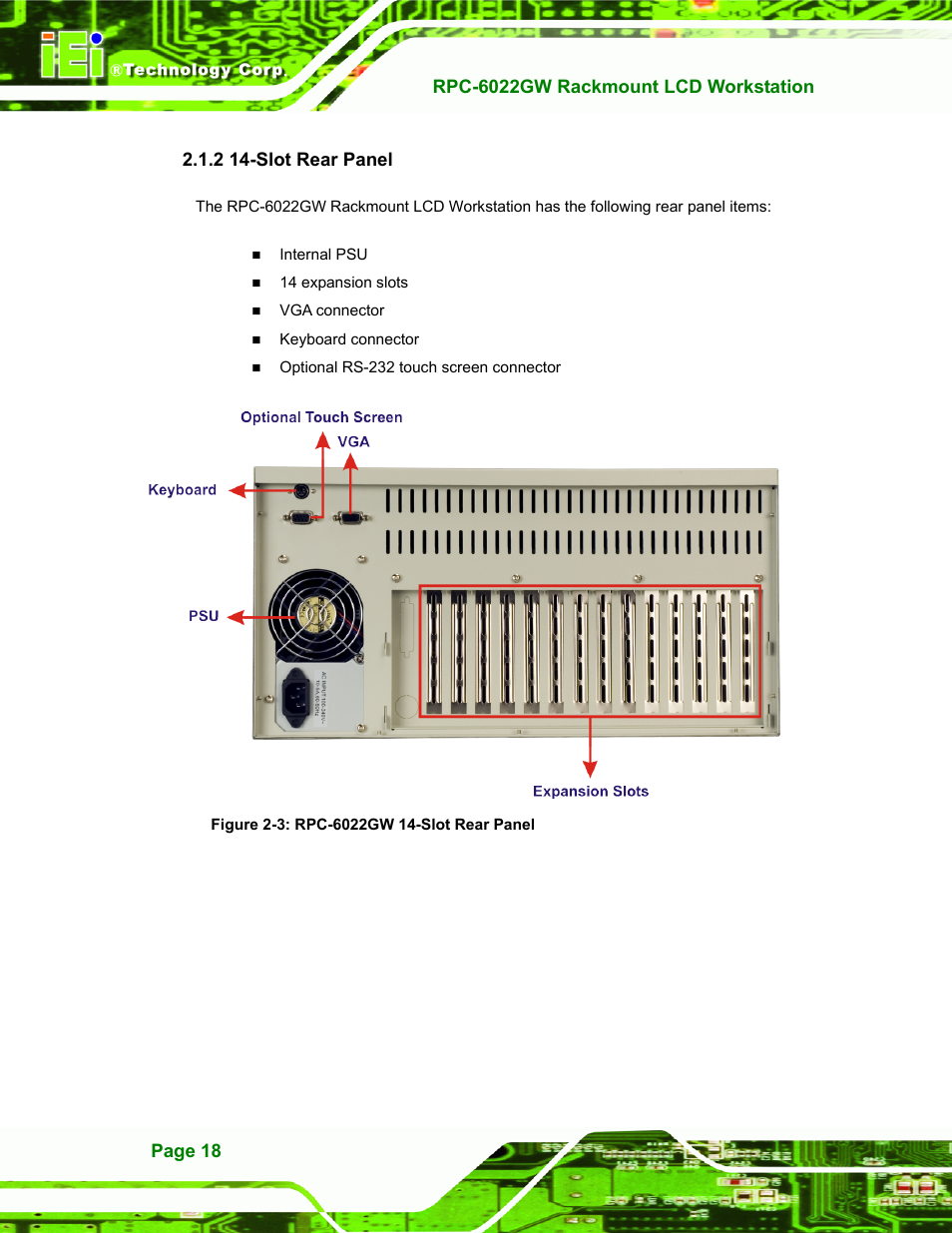 Slot rear panel, 2 14-slot rear panel, Figure 2-3: rpc-6022gw 14-slot rear panel | IEI Integration RPC-6022G User Manual | Page 18 / 107