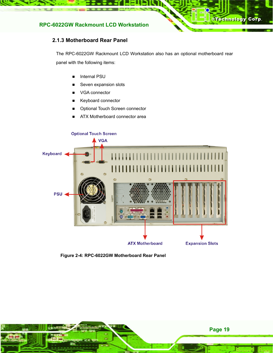 Motherboard rear panel, 3 motherboard rear panel, Figure 2-4: rpc-6022gw motherboard rear panel | IEI Integration RPC-6022G User Manual | Page 19 / 107