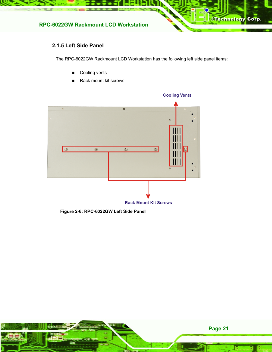 Left side panel, 5 left side panel, Figure 2-6: rpc-6022gw left side panel | IEI Integration RPC-6022G User Manual | Page 21 / 107