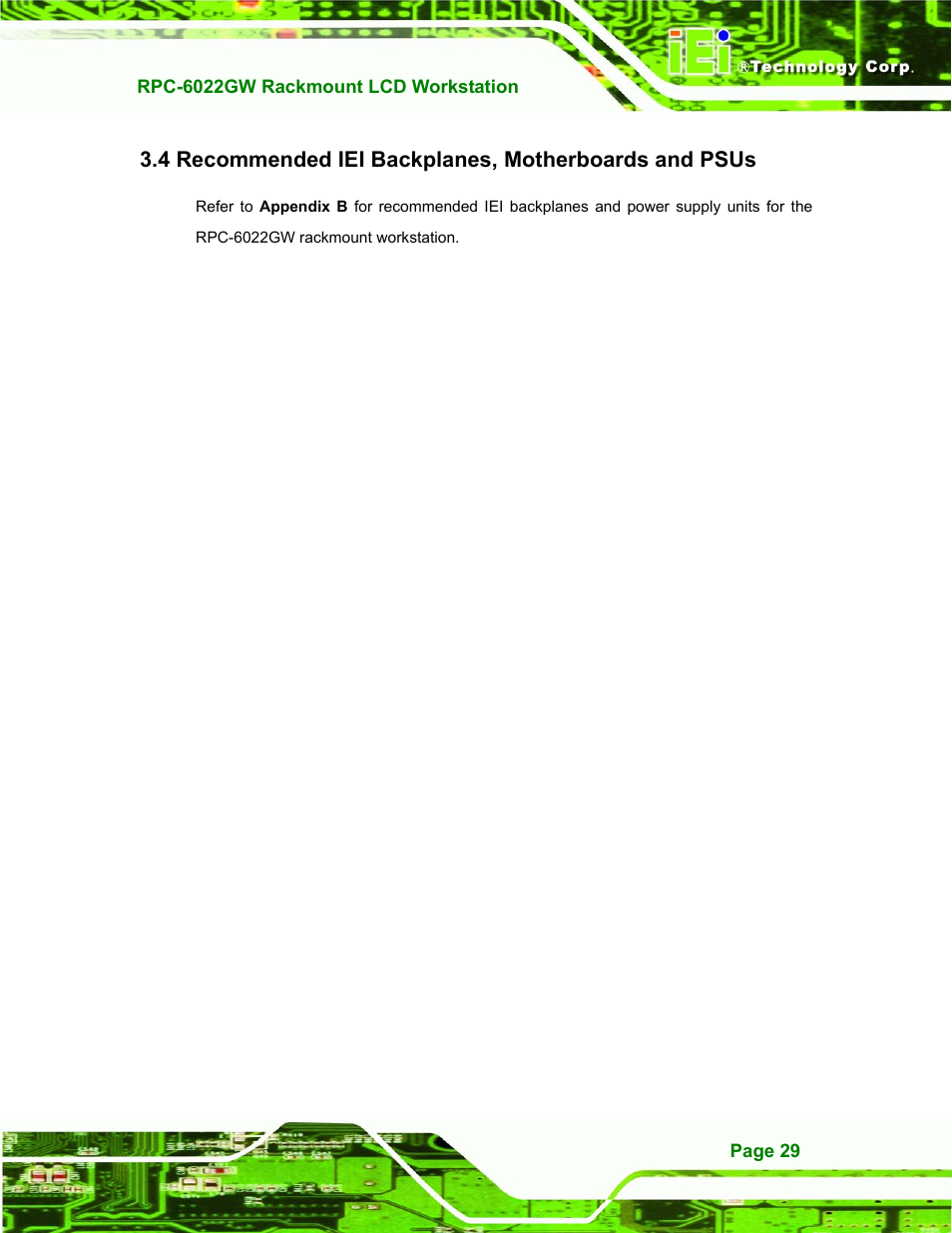 Recommended iei backplanes, motherboards and psus, Ecommended, Iei b | Ackplanes, Otherboards and | IEI Integration RPC-6022G User Manual | Page 29 / 107