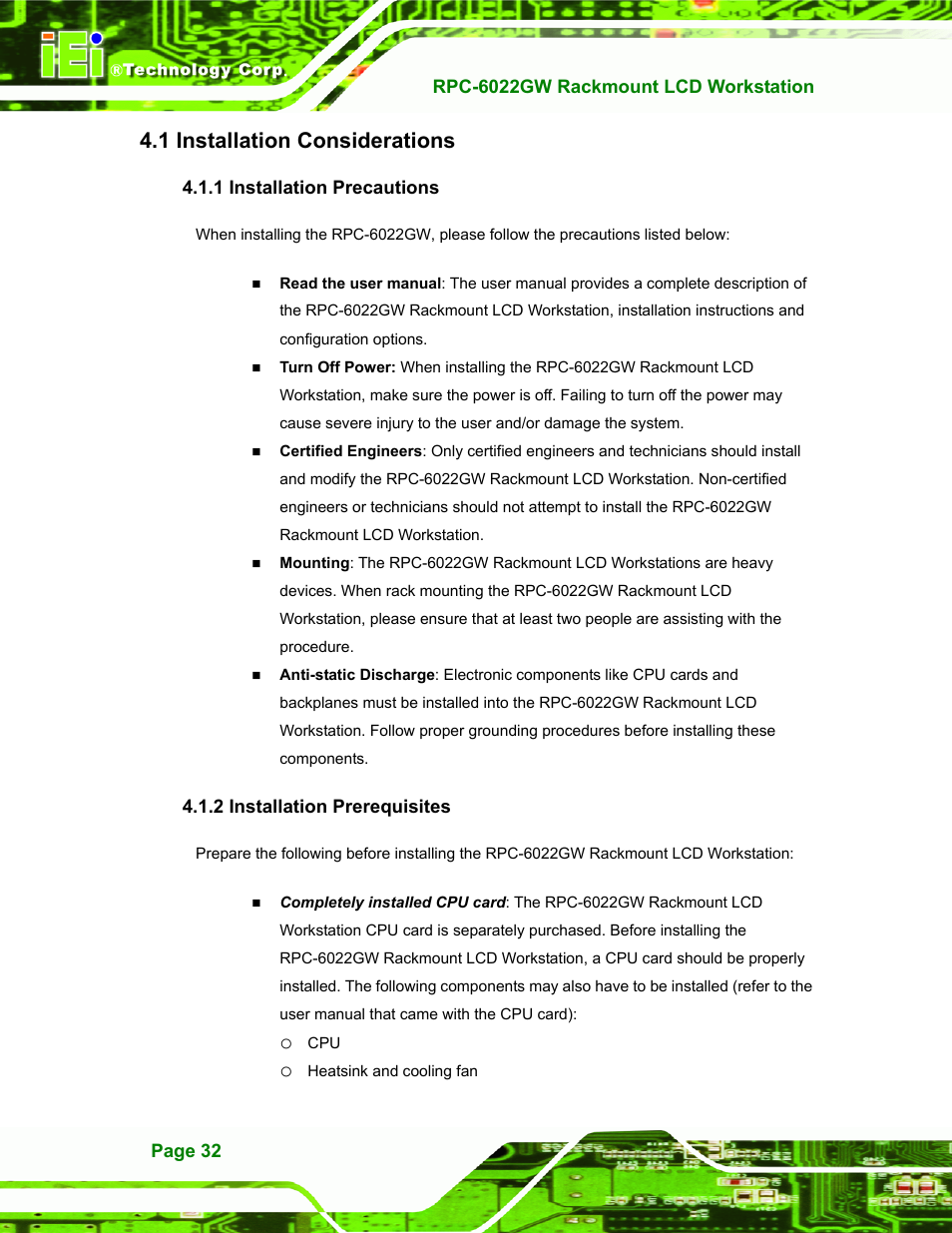 Installation considerations, Installation precautions, Installation prerequisites | Nstallation, Onsiderations, 1 installation considerations | IEI Integration RPC-6022G User Manual | Page 32 / 107