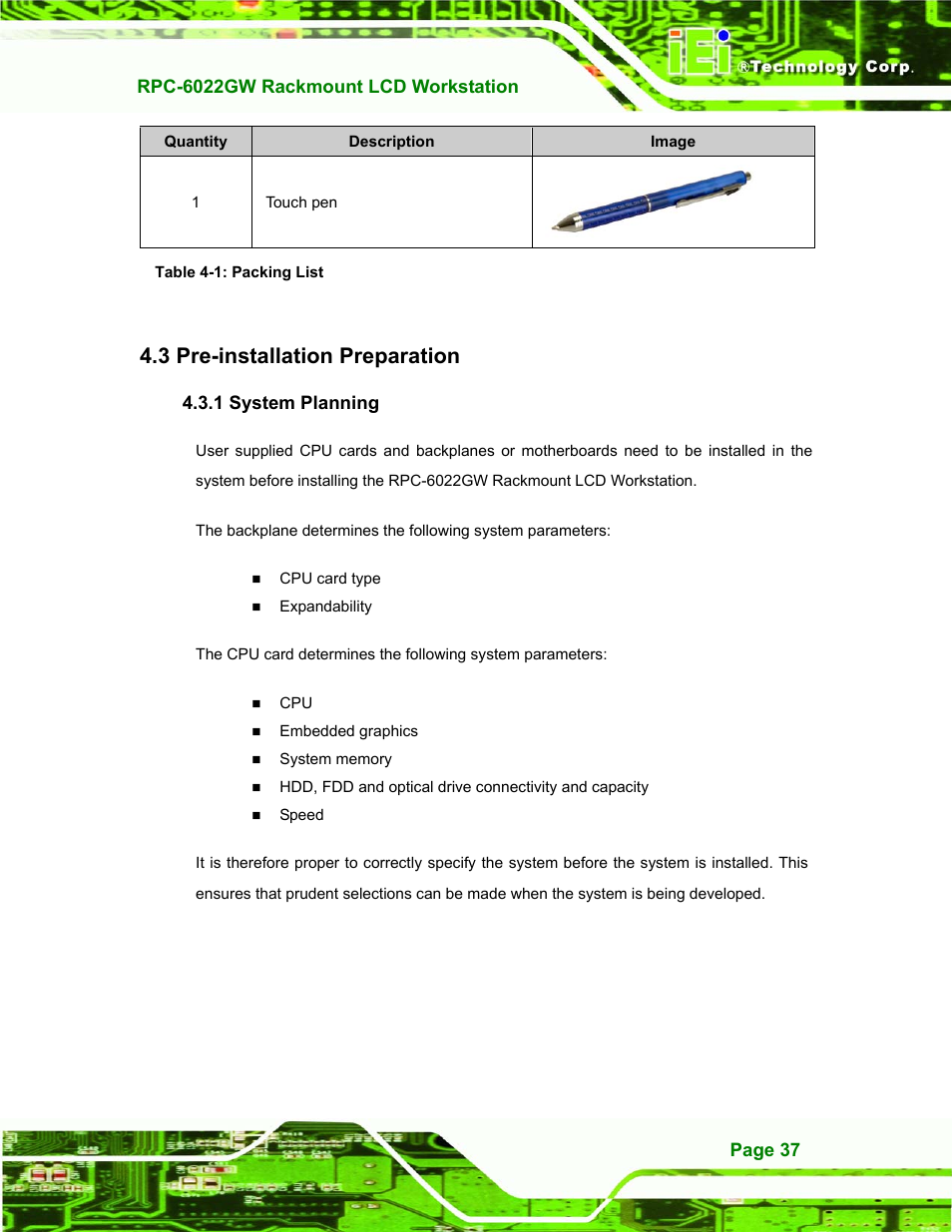 Pre-installation preparation, System planning, Installation | Reparation, 1 system planning, Table 4-1: packing list, 3 pre-installation preparation | IEI Integration RPC-6022G User Manual | Page 37 / 107