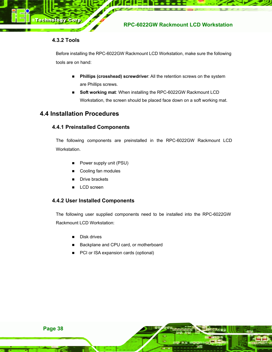 Tools, Installation procedures, Preinstalled components | User installed components, 2 tools, Nstallation, Rocedures, 4 installation procedures | IEI Integration RPC-6022G User Manual | Page 38 / 107