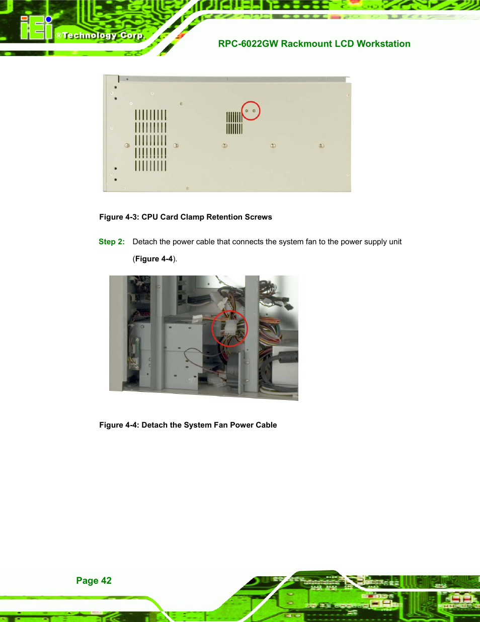 Figure 4-3: cpu card clamp retention screws, Figure 4-4: detach the system fan power cable | IEI Integration RPC-6022G User Manual | Page 42 / 107