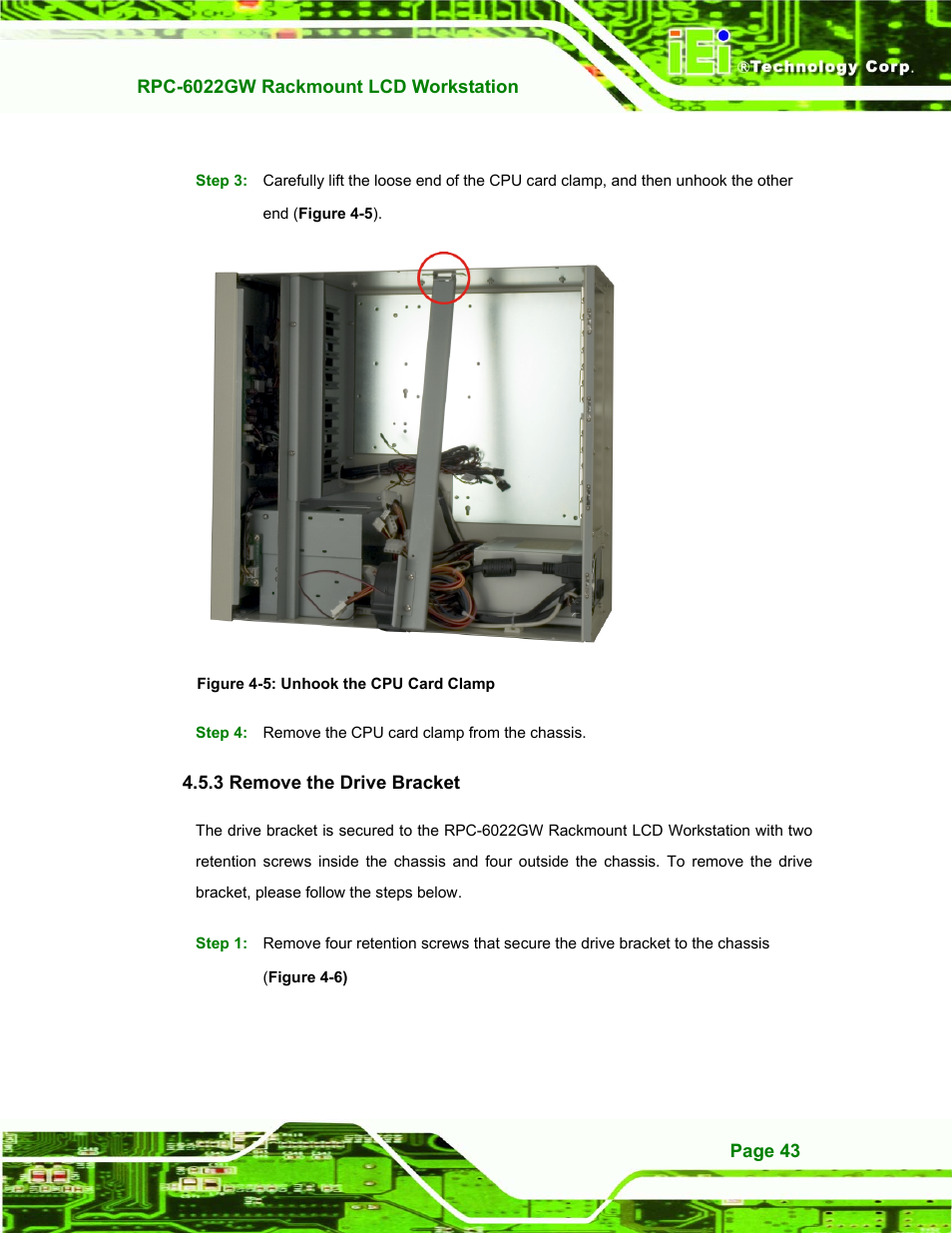 Remove the drive bracket, 3 remove the drive bracket, Figure 4-5: unhook the cpu card clamp | IEI Integration RPC-6022G User Manual | Page 43 / 107