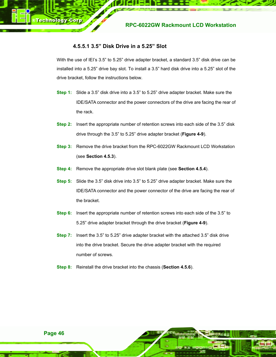 5” disk drive in a 5.25” slot, 1 3.5” disk drive in a 5.25” slot | IEI Integration RPC-6022G User Manual | Page 46 / 107