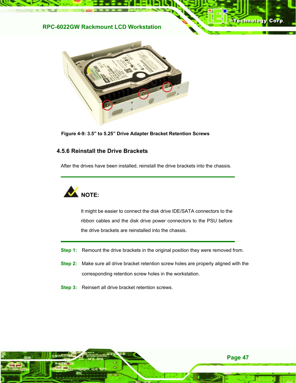 Reinstall the drive brackets, 6 reinstall the drive brackets, Pter bracket ( figure 4-9 ) | Ket ( figure 4-9 ), N 4.5.6 | IEI Integration RPC-6022G User Manual | Page 47 / 107