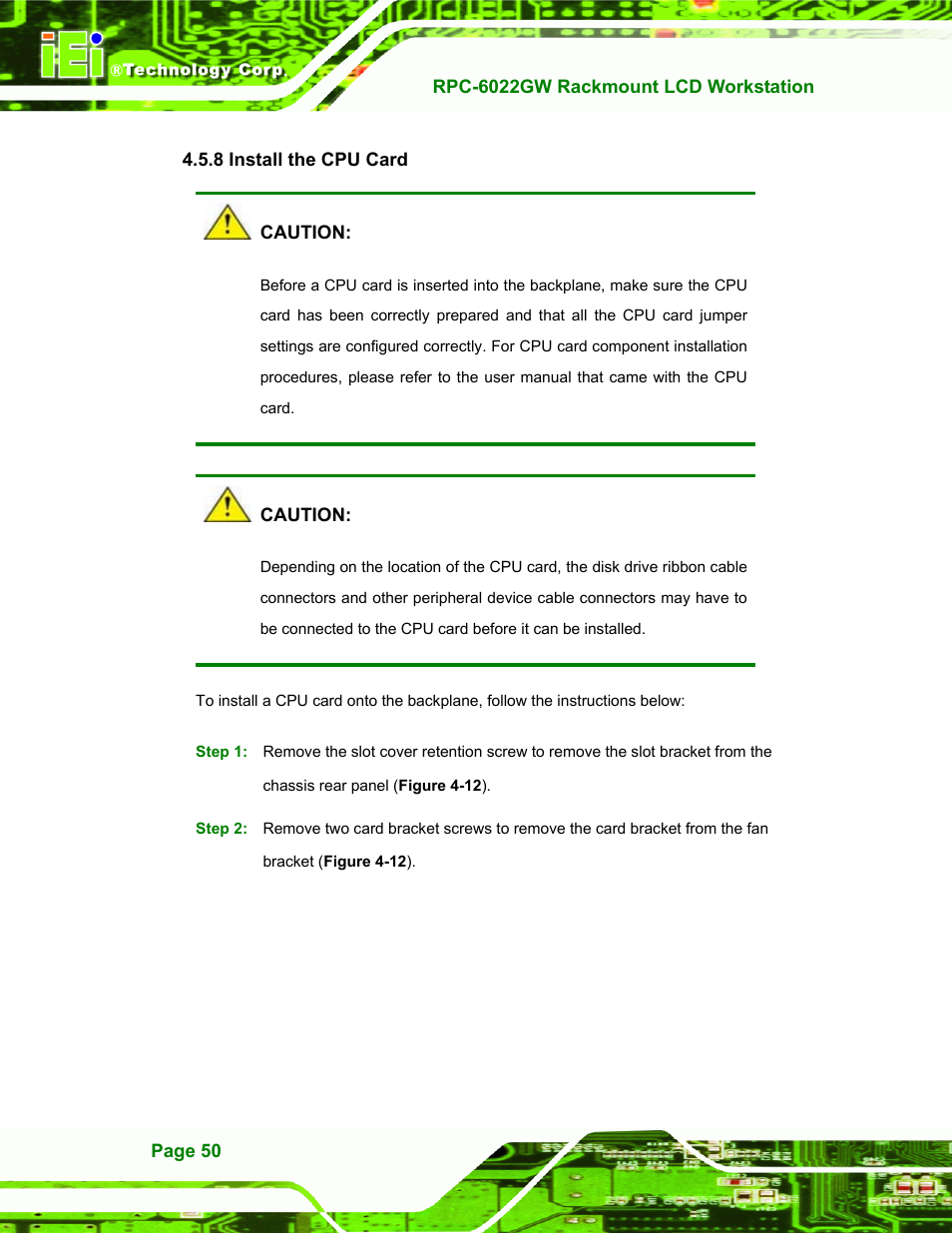 Install the cpu card, 8 install the cpu card | IEI Integration RPC-6022G User Manual | Page 50 / 107
